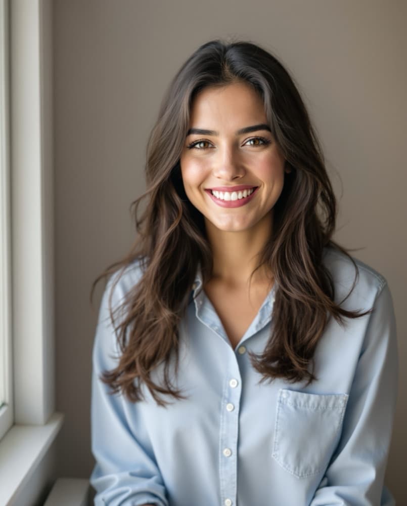Example photo: a smiling woman with long dark hair in a pale blue shirt.